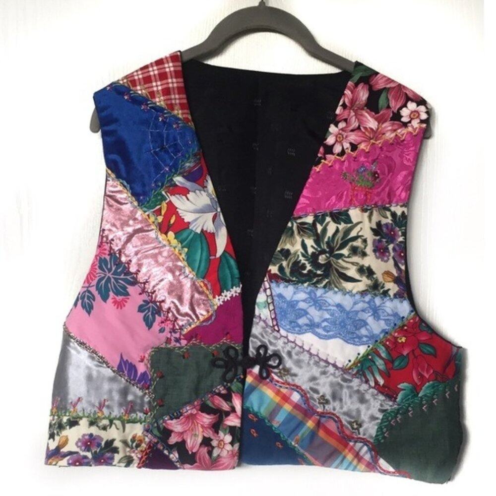 Patchwork Vest Waistcoat Handmade One of a Kind Crazy Quilt Novelty Spider Beads